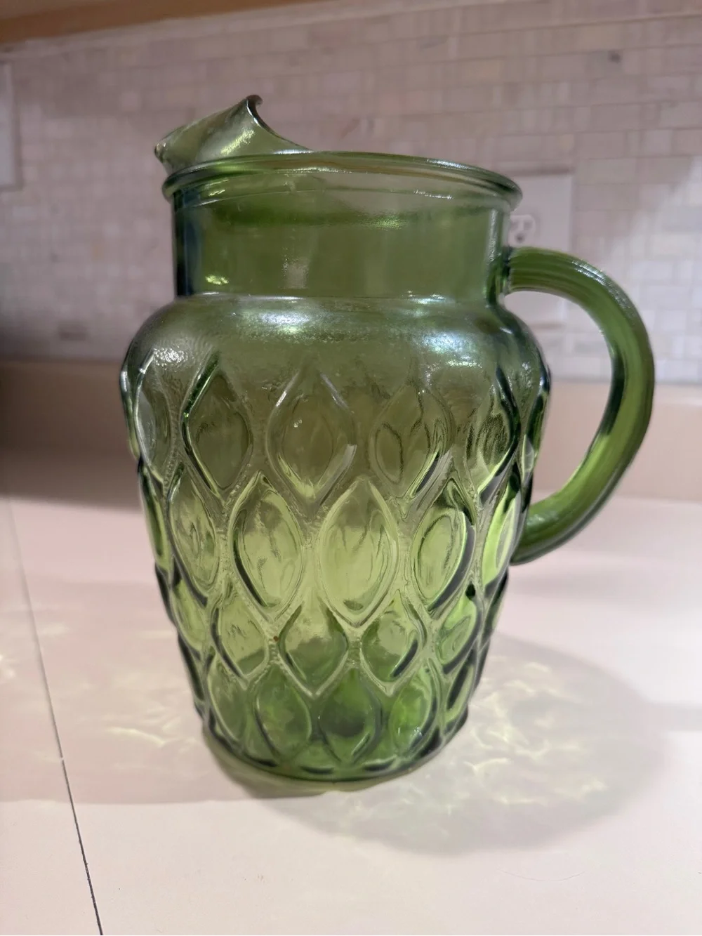 Vintage Green Pressed Glass Pitcher - Textured Diamond Pattern
